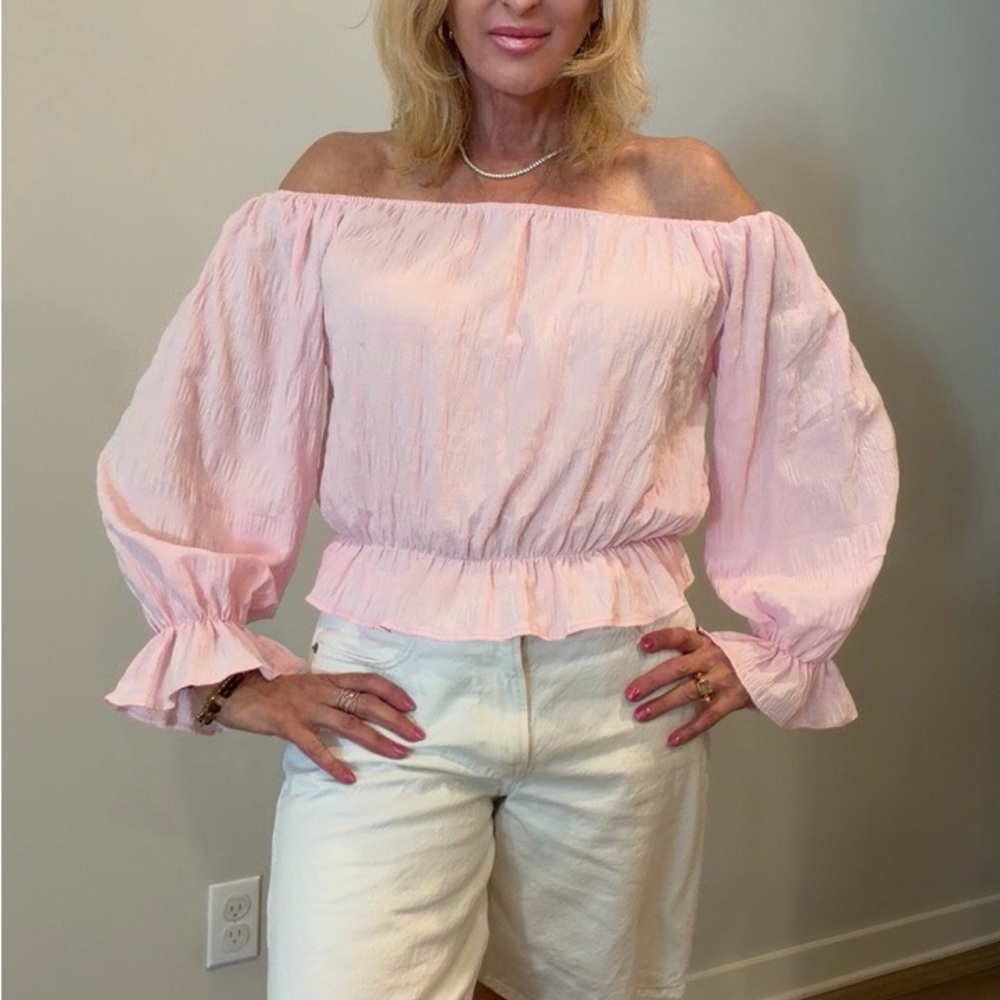 Off-Shoulder Pink Peasant Blouse with Ruffled Hem